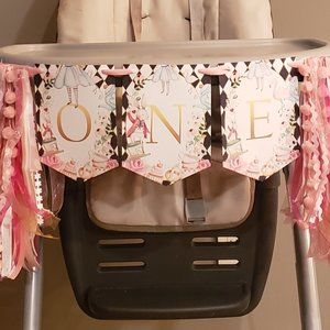 Alice in ONEderland Pre-Hung High Chair Banner with Ribbon Decorations